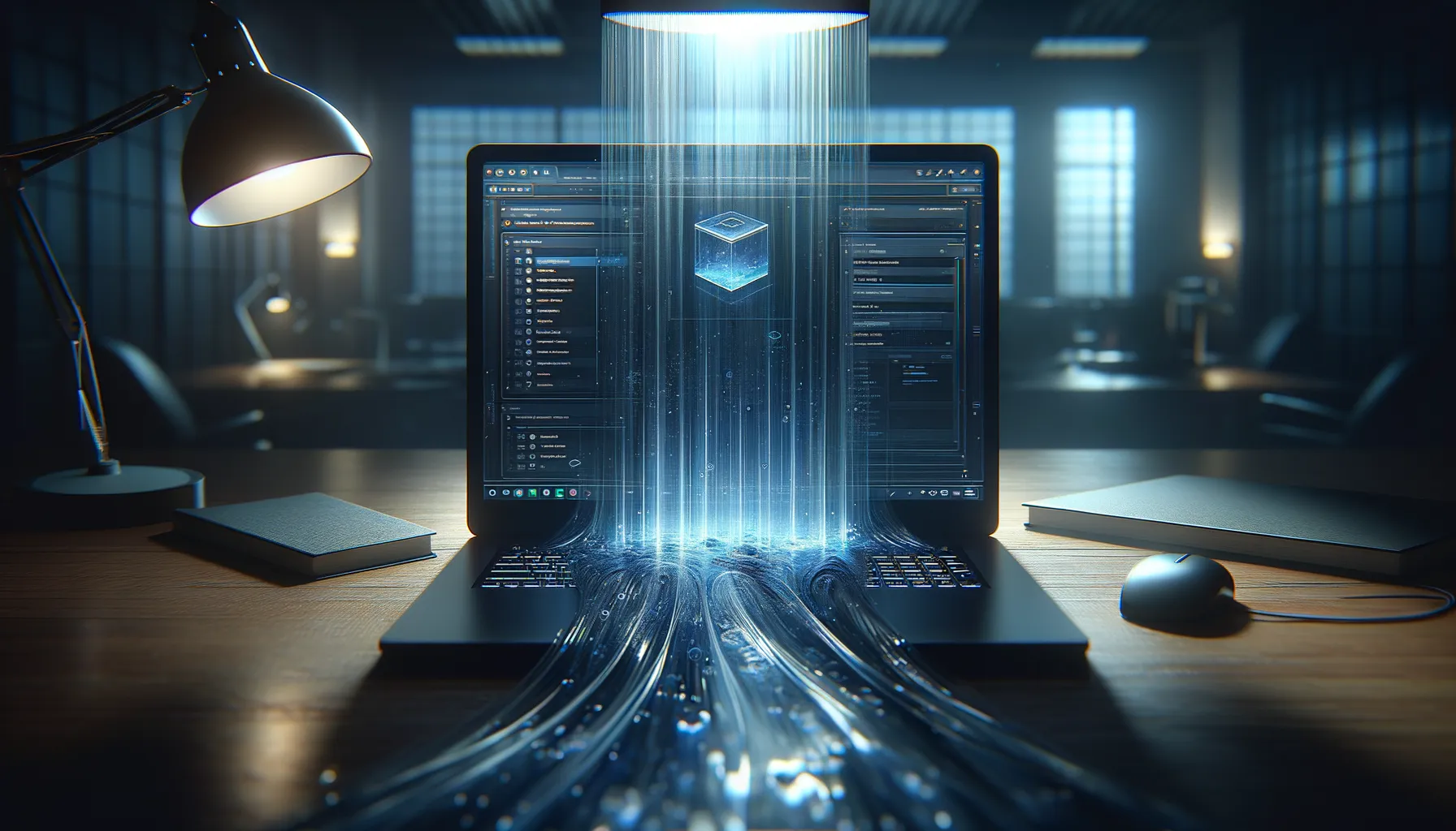 Laptop showing a chat interface with subtle data streams flowing outward representing hidden exfiltration