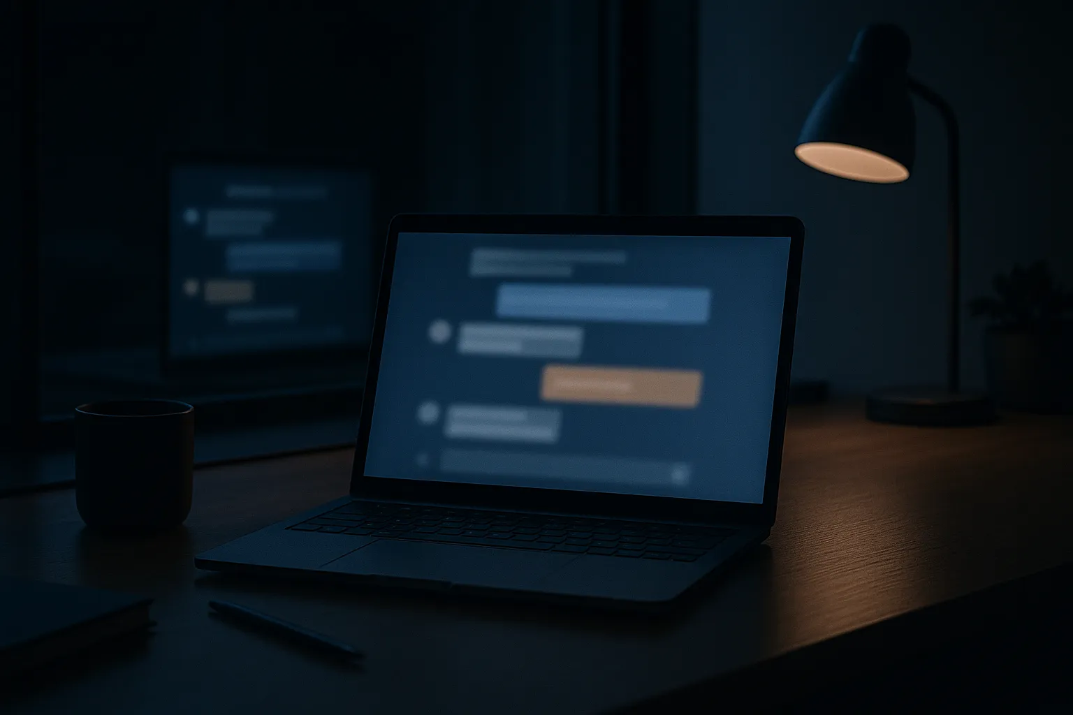 A quiet office desk at night with an open laptop showing a blurred chat interface, and the same screen faintly reflected in a dark window behind it
