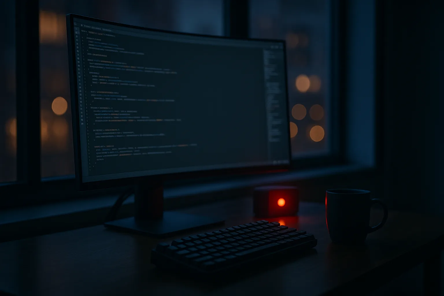 A developer workstation at night with a code editor open, a red build status indicator visible, suggesting a discovered supply chain compromise