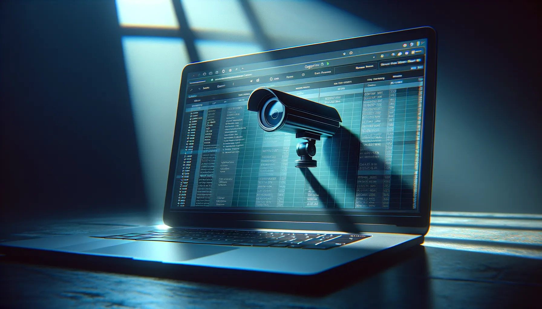 Laptop screen showing spreadsheet interface in a dark room with surveillance camera reflection