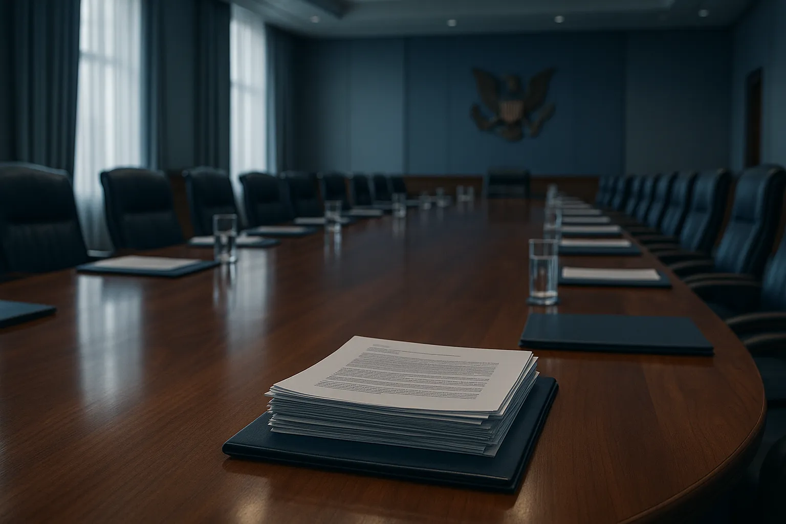 A printed regulatory document with dense annotated paragraphs on a desk beside reading glasses and a smartphone, shot in soft window light