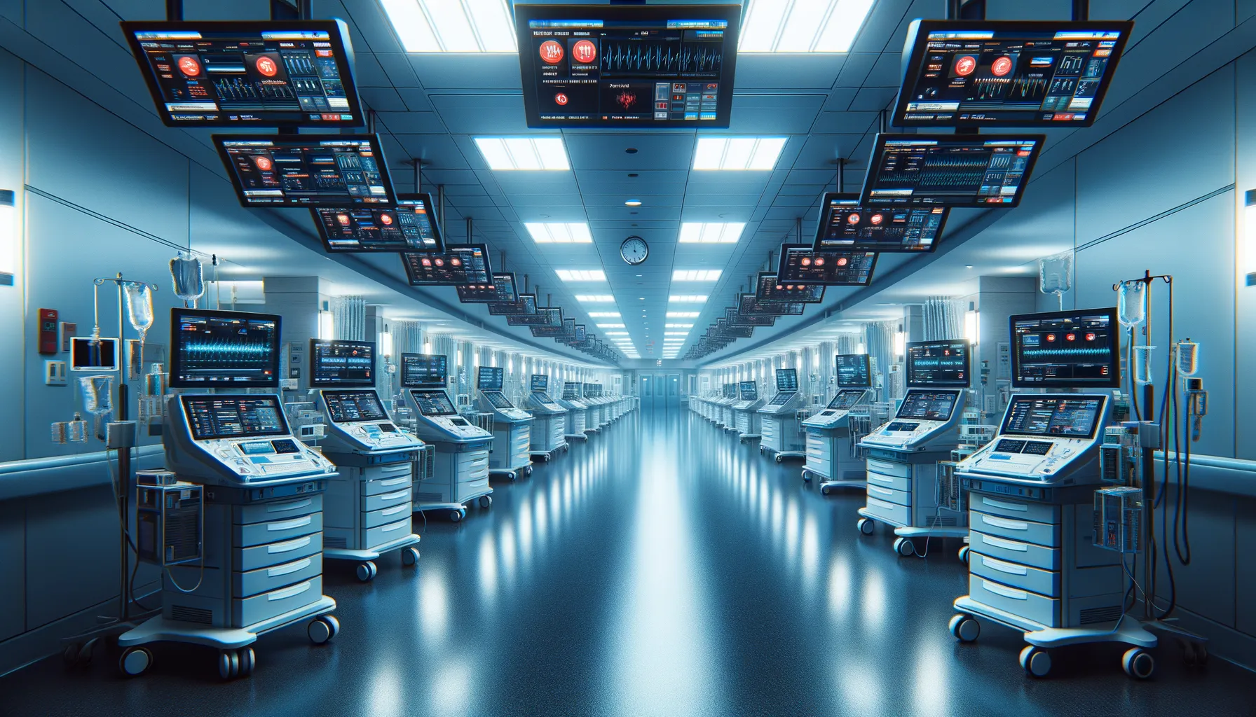 A hospital corridor with digital screens showing error messages after a ransomware attack