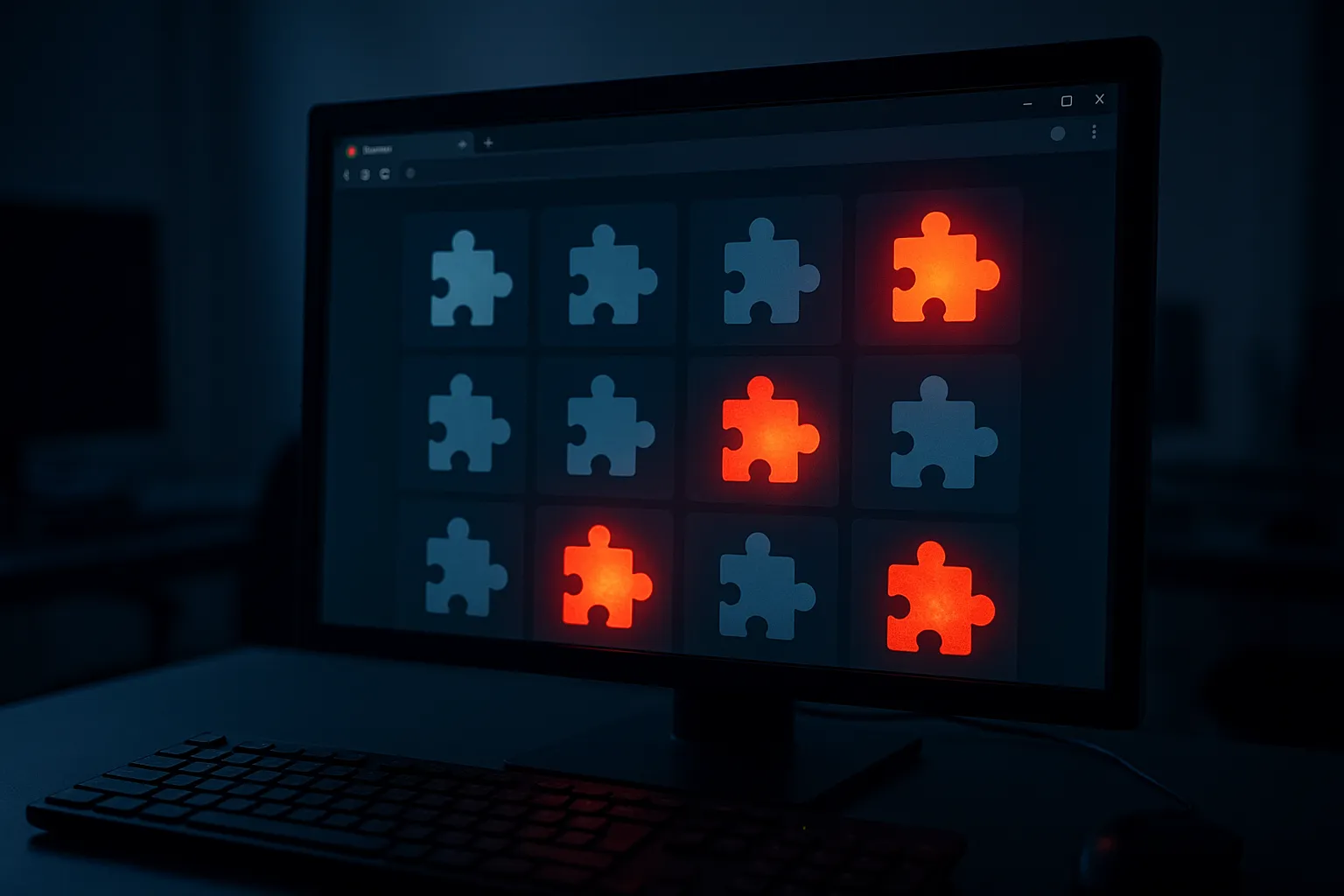 A Chrome browser window showing a grid of extension icons with some glowing red to indicate malicious activity