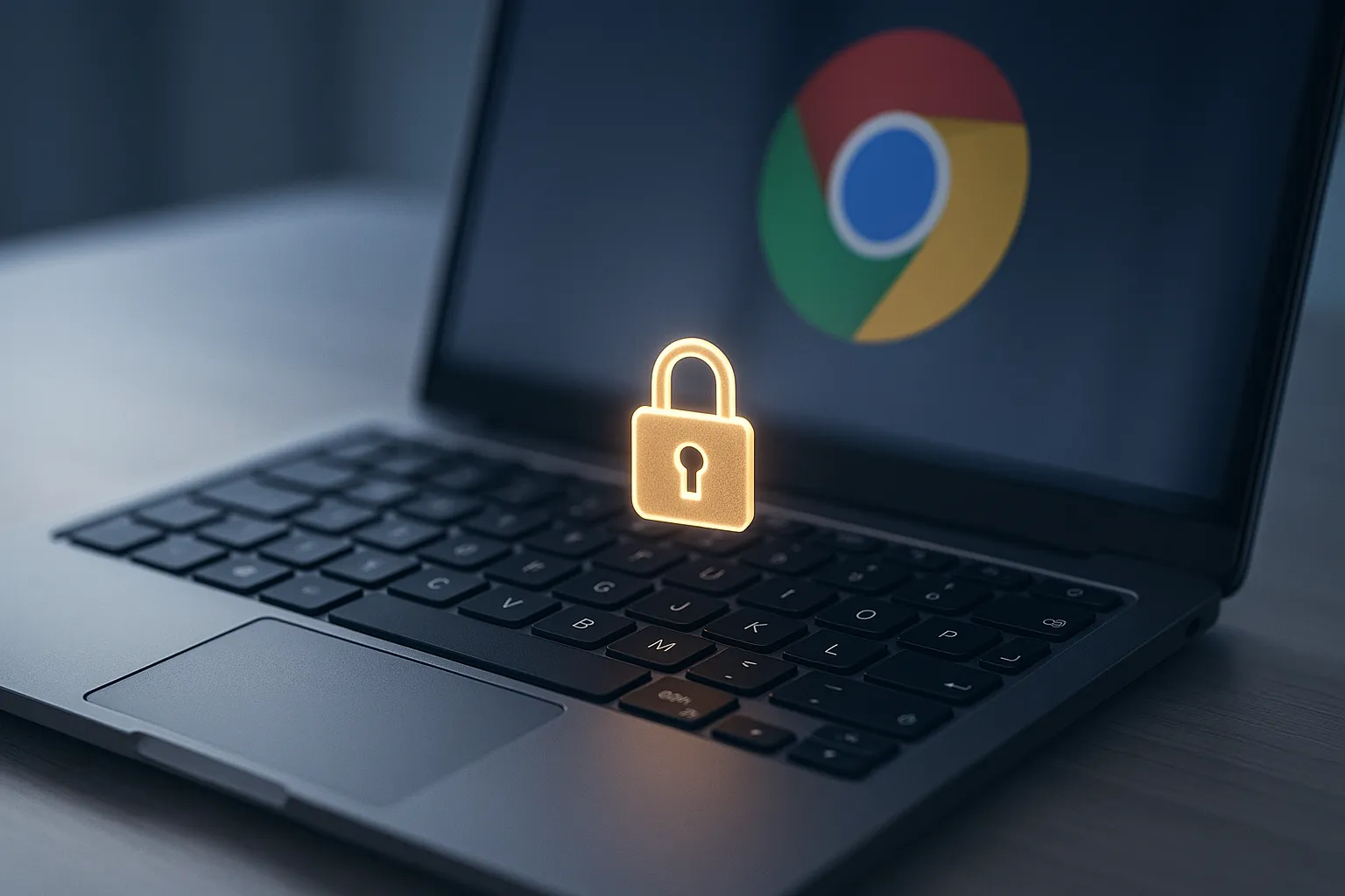 A close-up of a laptop keyboard and screen with Chrome browser open, a small hardware security chip icon overlaid symbolizing device-bound session protection