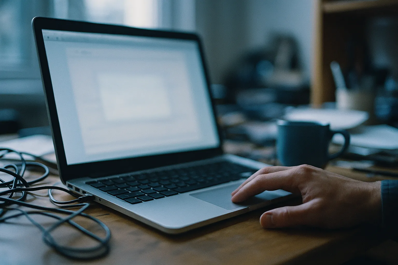 A laptop on a kitchen table showing a browser new tab page filled with unfamiliar search boxes and ad tiles, morning light from a window