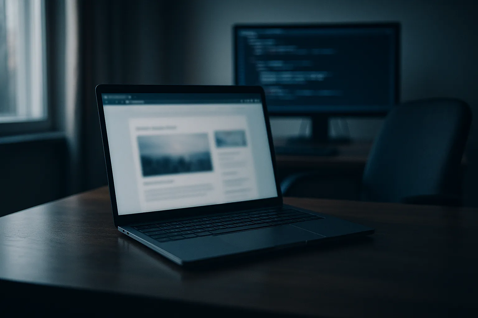 An unattended laptop glowing in a dim home office with an open browser window and a second monitor showing code, suggesting a logged in session left running