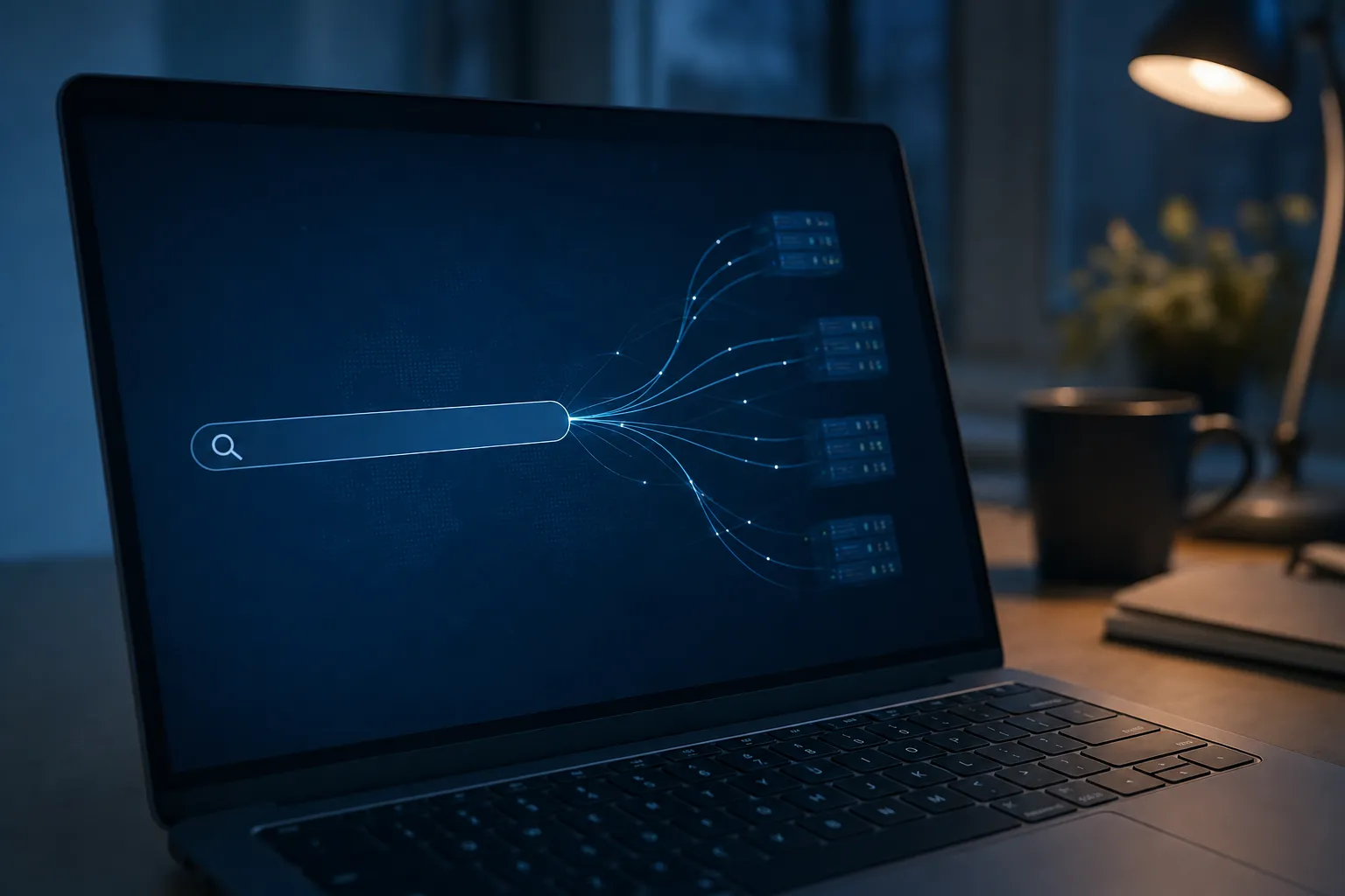 Laptop browser search bar with faint lines branching off toward distant servers, representing search queries secretly redirected by Chrome extensions