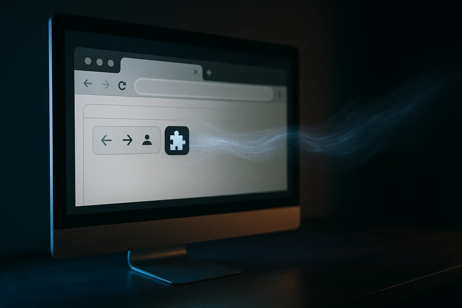 Computer monitor showing browser extension icon with translucent data particles flowing out