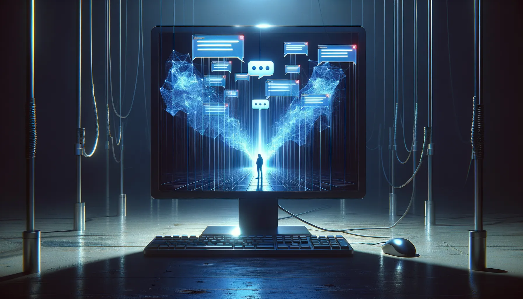 Computer monitor with chat interface and data streams representing stolen conversations