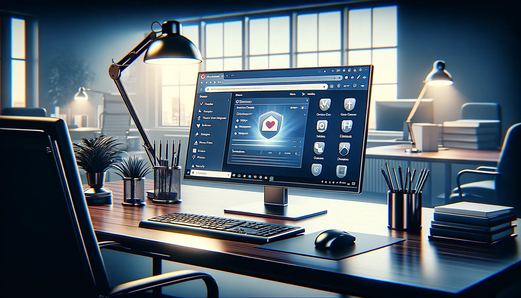 Corporate office computer displaying browser extensions with warning indicators