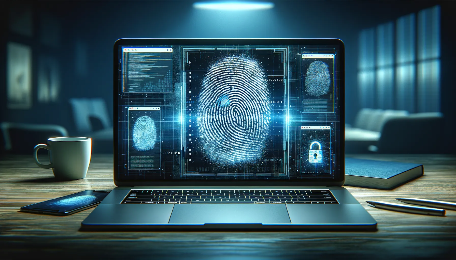 Laptop screen showing digital fingerprint made of binary code