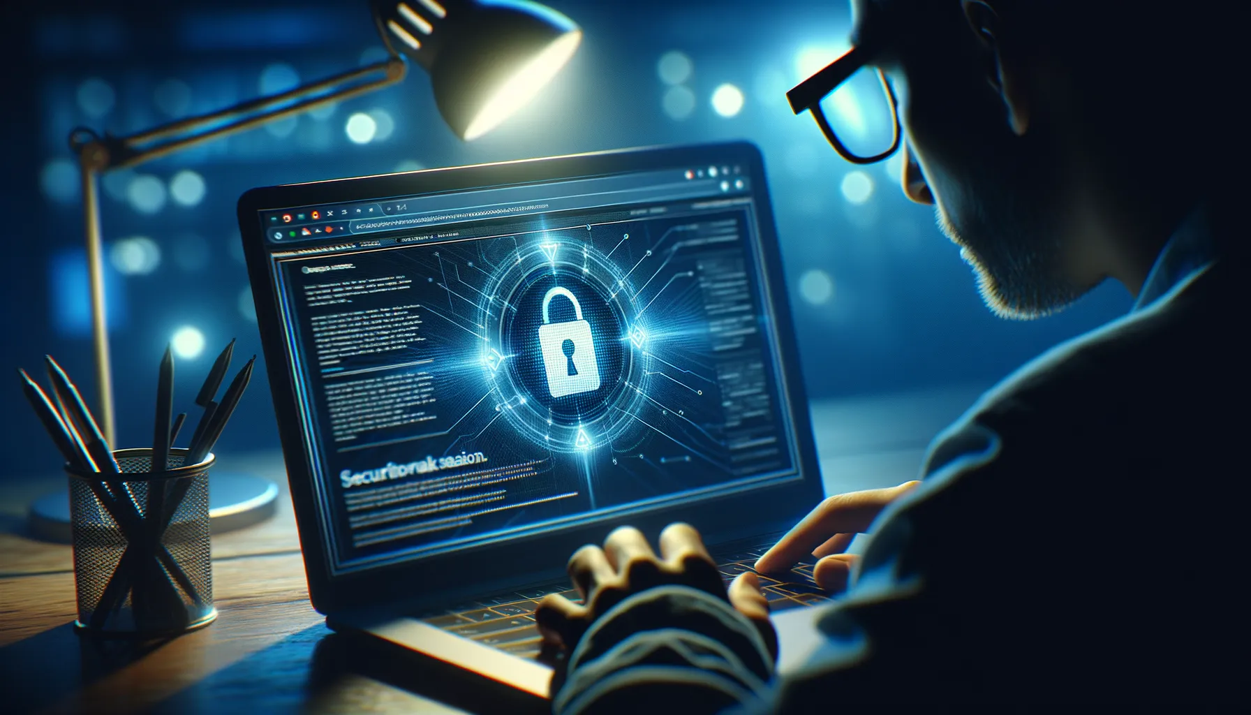 Close up of a Chrome browser window on a laptop screen showing a security warning, reflected in glasses in a dark environment