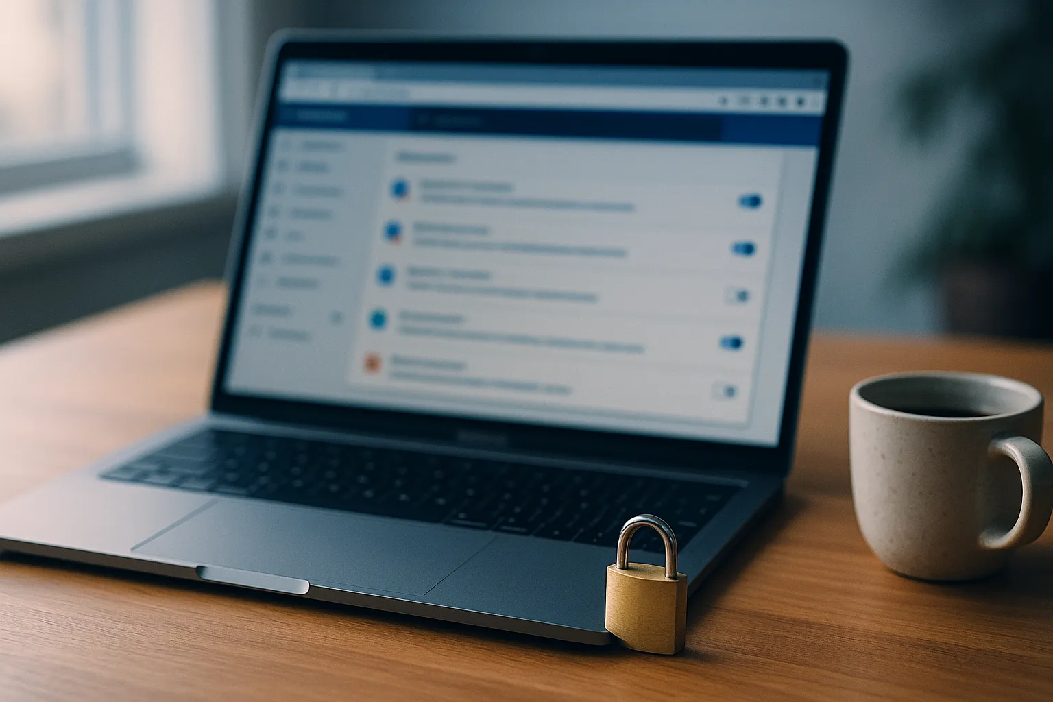 A laptop on a wooden desk showing a browser extensions settings page out of focus, with a small padlock and coffee cup beside it in natural window light