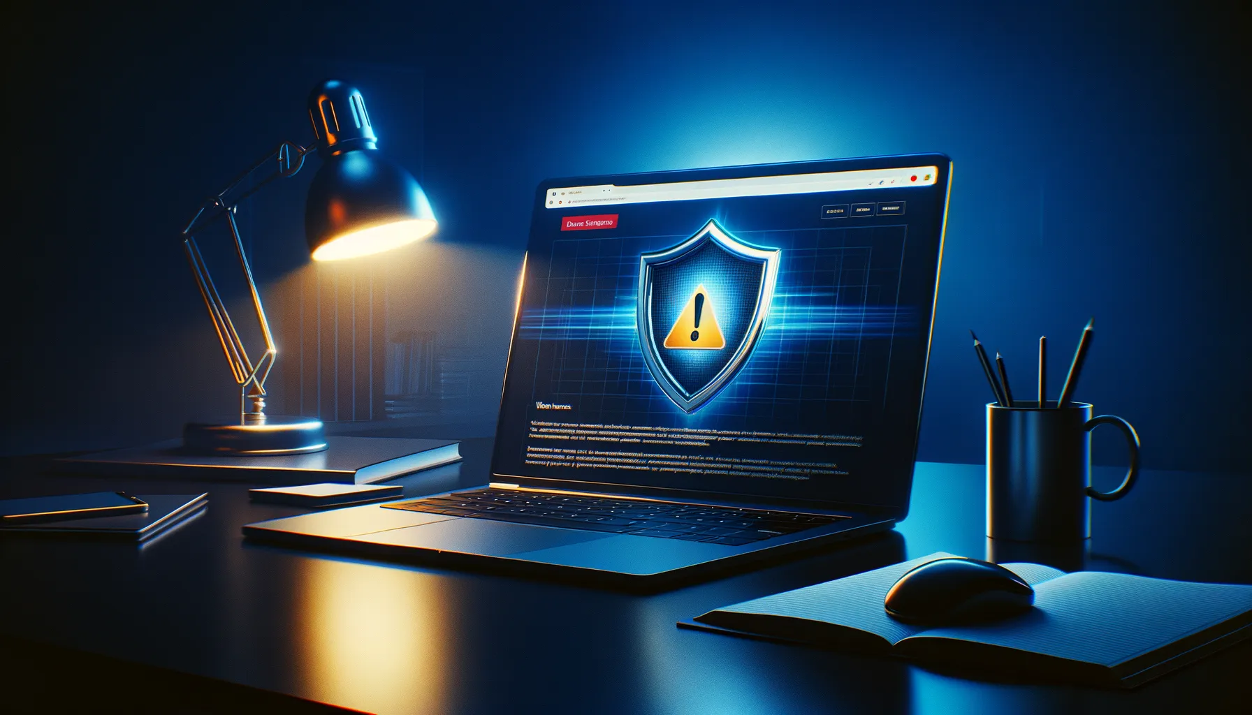 Laptop showing Chrome browser with a security warning overlay in dramatic lighting