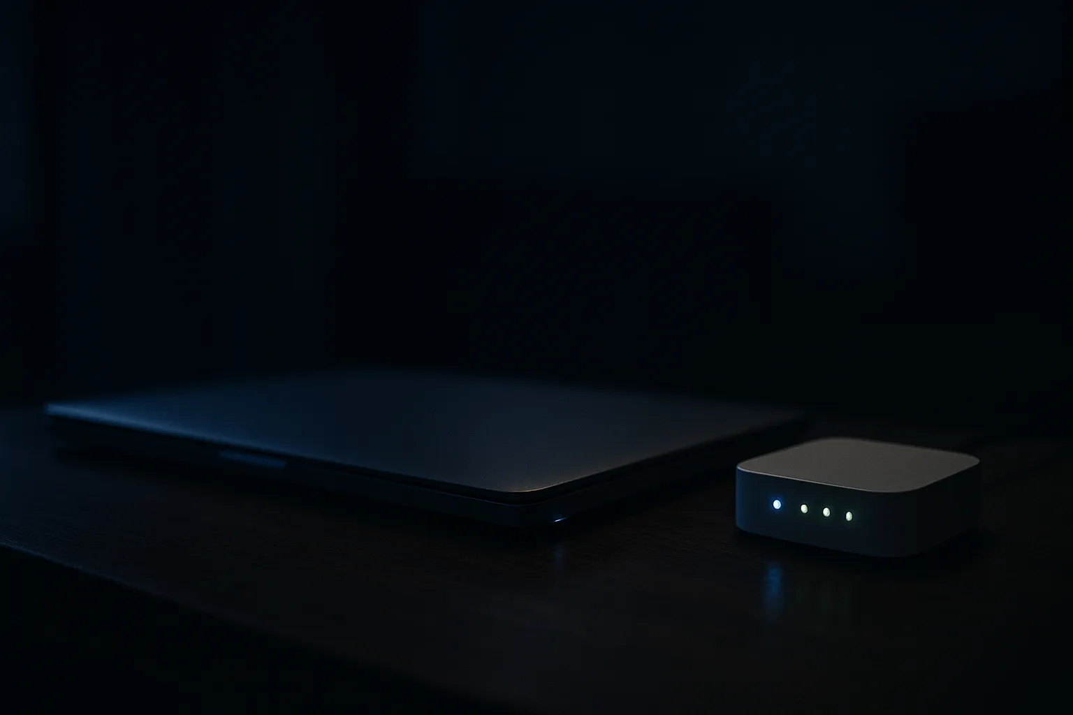 An editorial photograph of an open laptop sitting closed atop a desk at night, with a faint network indicator light still active on a router beside it, suggesting that a browser tab is still doing work after it appears closed