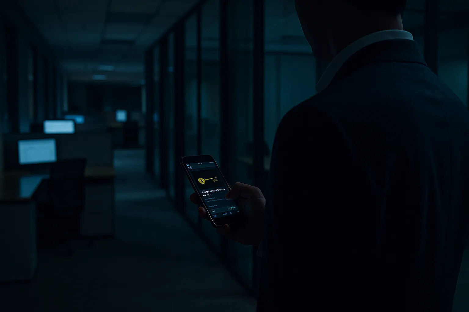 An anonymous office worker standing in a dim corporate hallway holding a smartphone with a faintly glowing screen near a row of empty illuminated cubicles