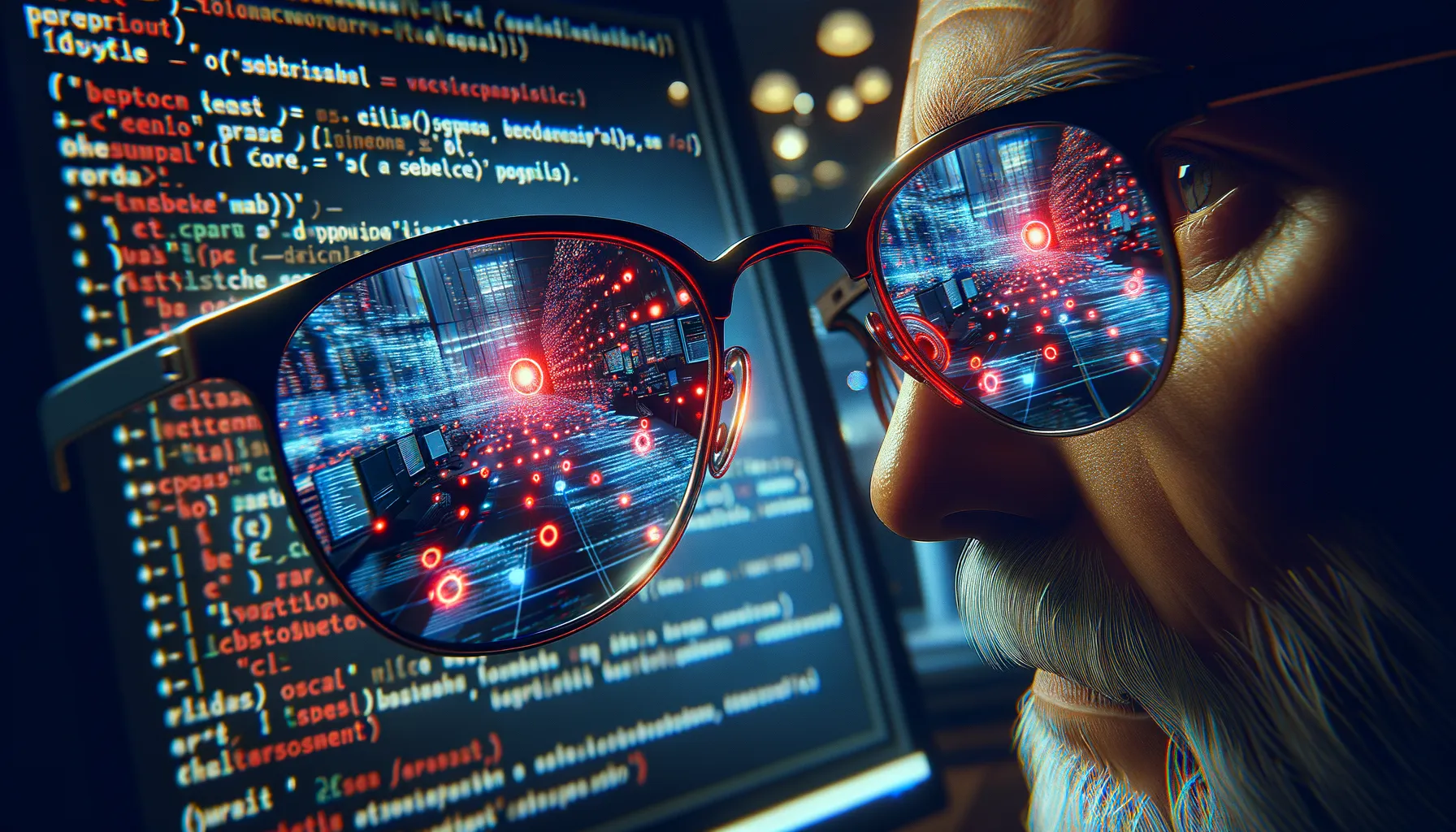 Close-up of a computer screen showing website tracking code reflected in lawyer's reading glasses, representing the intersection of surveillance technology and legal scrutiny