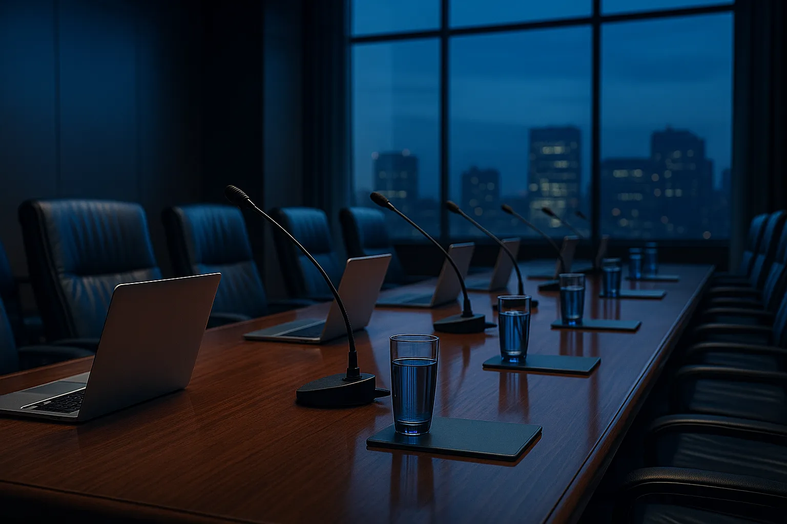 Empty modern government style conference room at evening with a long polished wood table, closed laptops, blue water glasses, microphones at each seat, indigo and deep blue ambient color grading