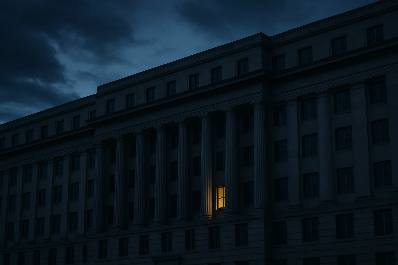 Federal government building exterior at dusk with a single illuminated window, dark indigo and deep blue tones
