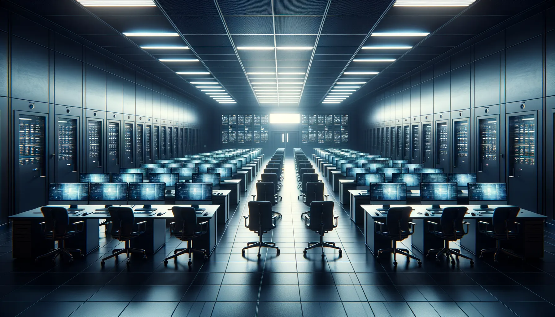 An empty government operations center with rows of dark monitors and vacant chairs under dim overhead lighting