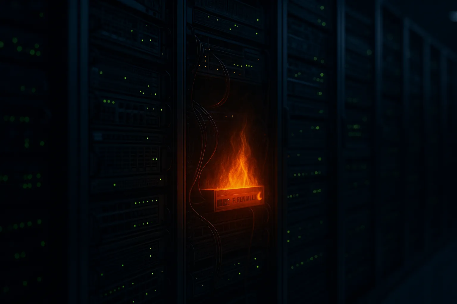A government server room with network equipment and a Cisco firewall appliance highlighted with an ominous glow