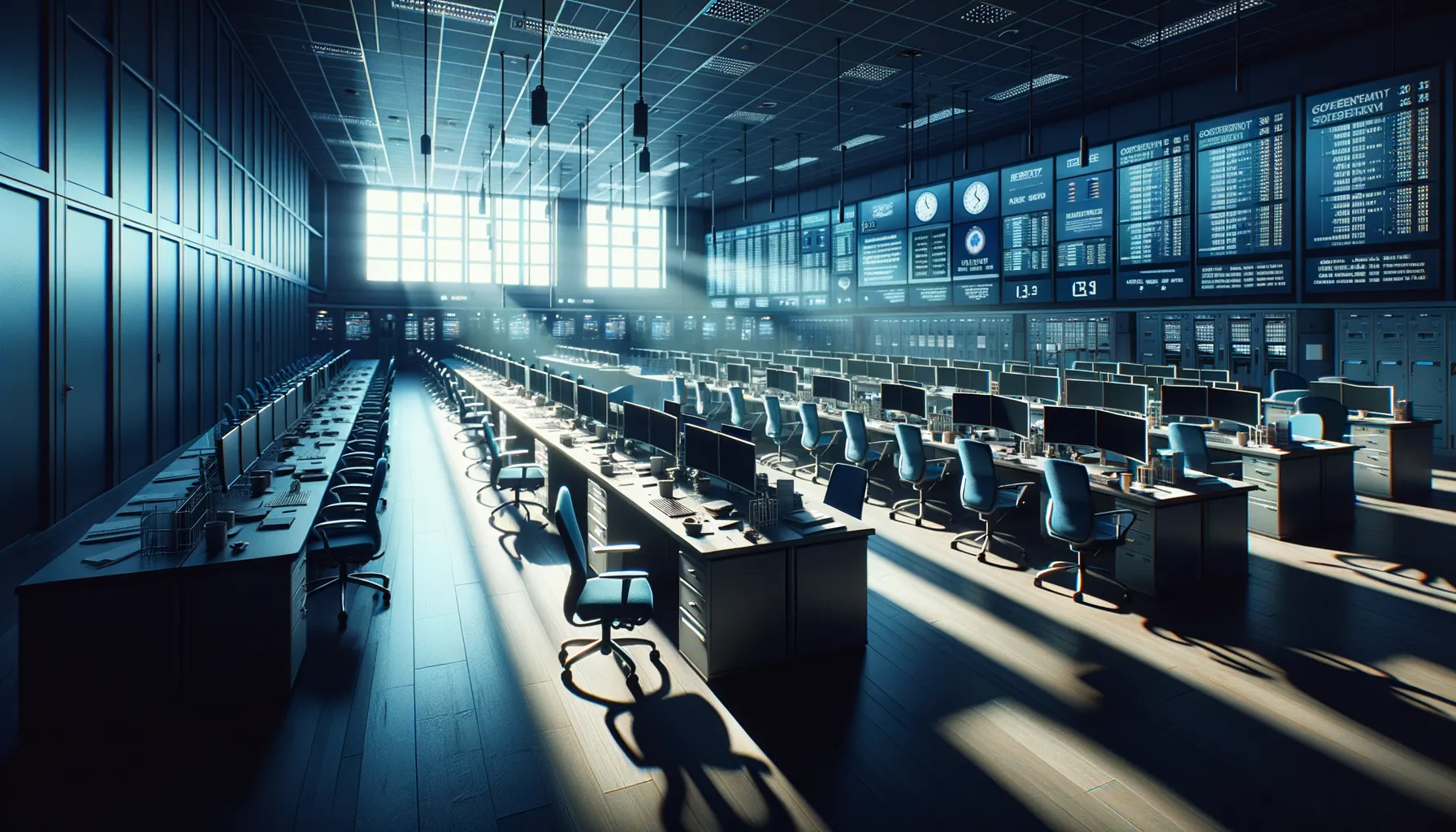 An empty government operations center with dark monitors and vacant chairs, emergency lighting casting long shadows