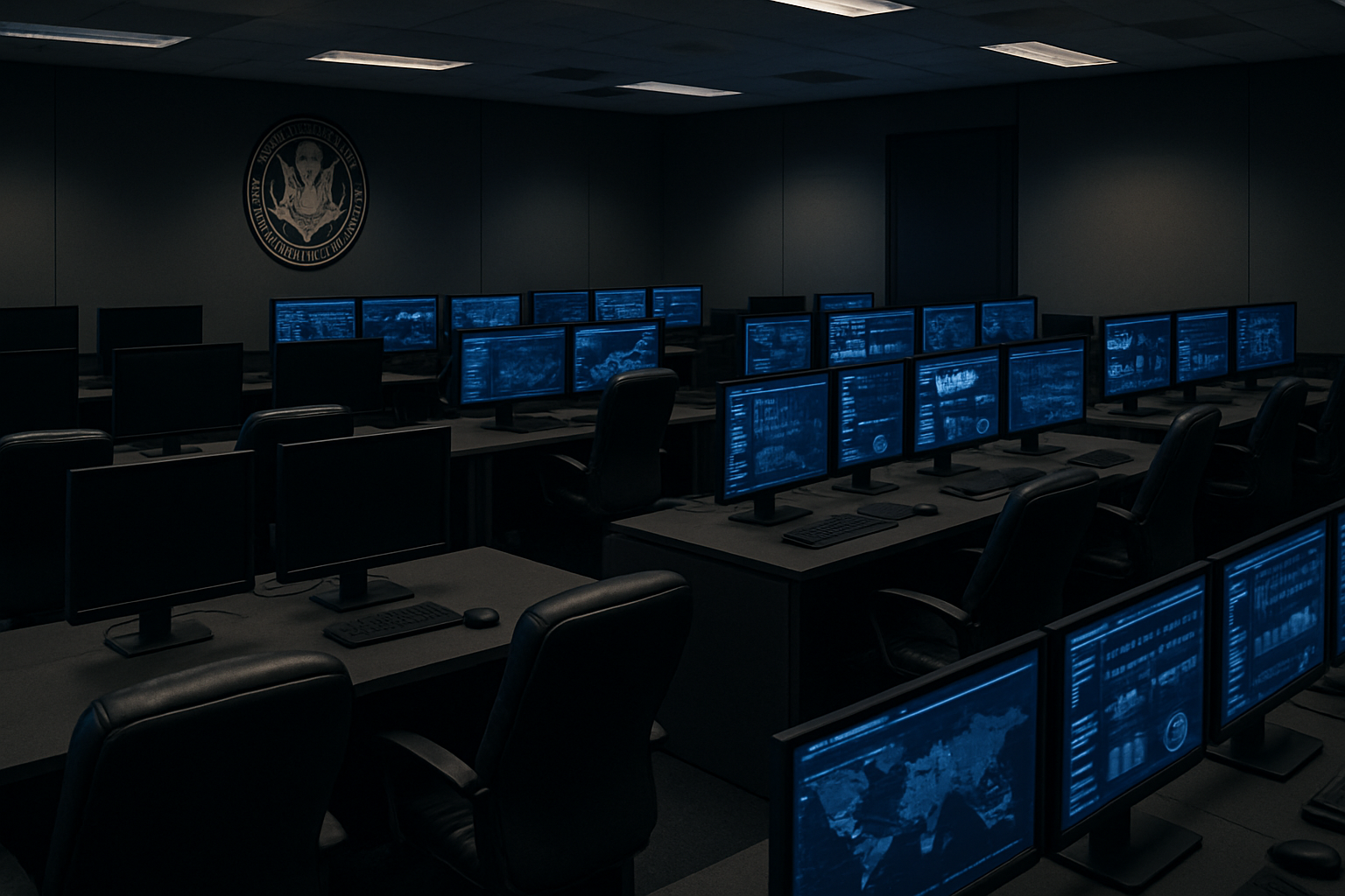 Federal cybersecurity operations center with empty workstations and inactive screens representing CISA staffing shortages, active stations glowing with blue monitoring dashboards