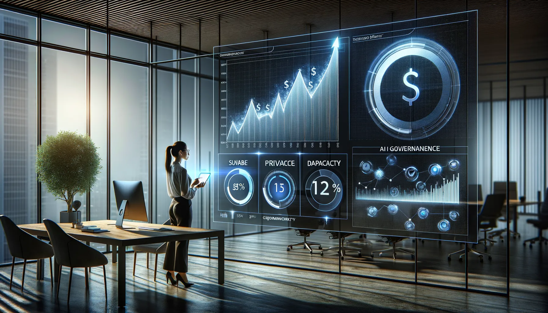 Corporate executive reviewing privacy investment dashboards alongside an AI governance maturity gauge showing only 12 percent capacity