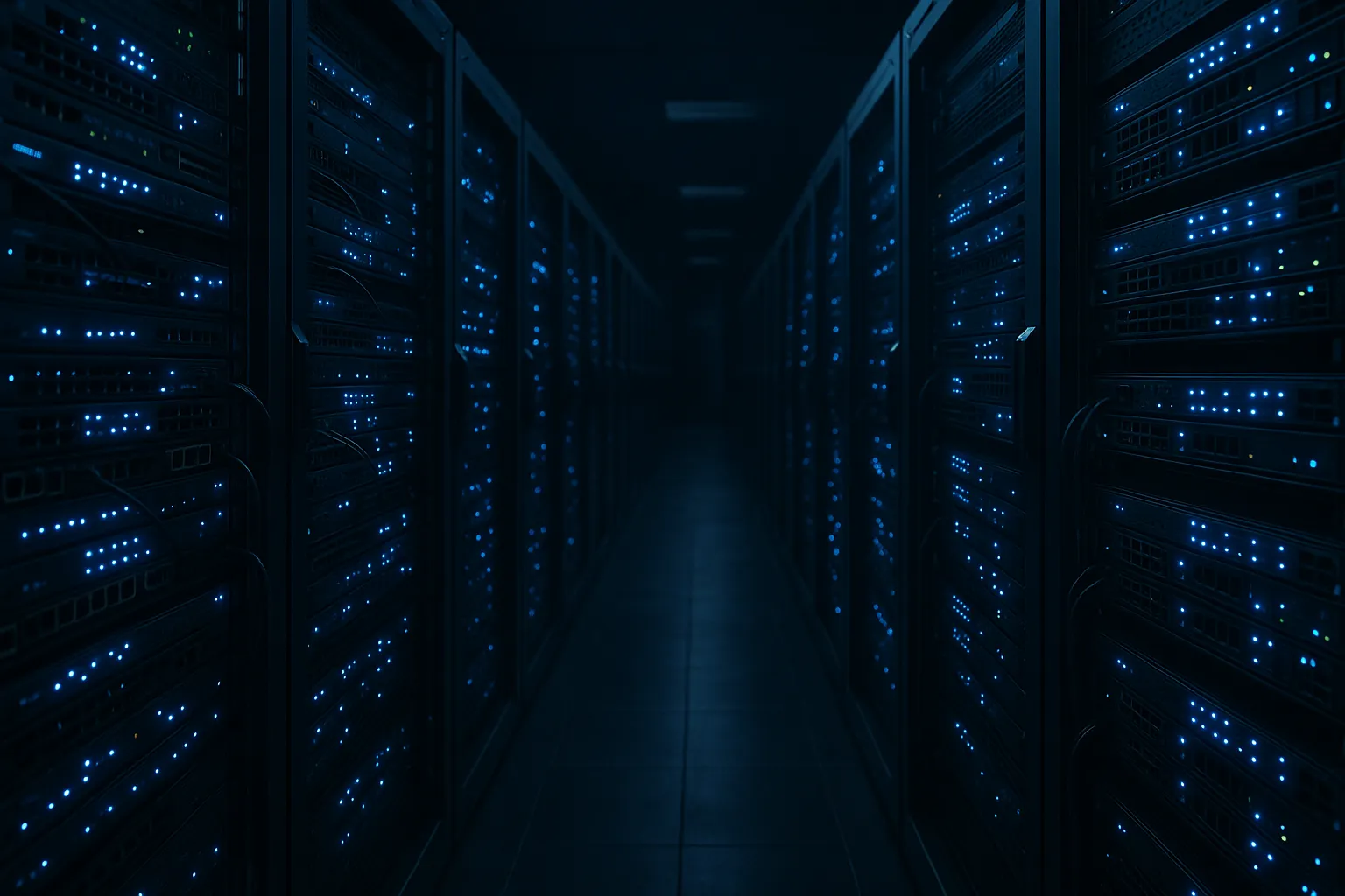 Editorial photograph of a server room corridor at night with rows of rack mounted network equipment glowing with blue and indigo LED indicators