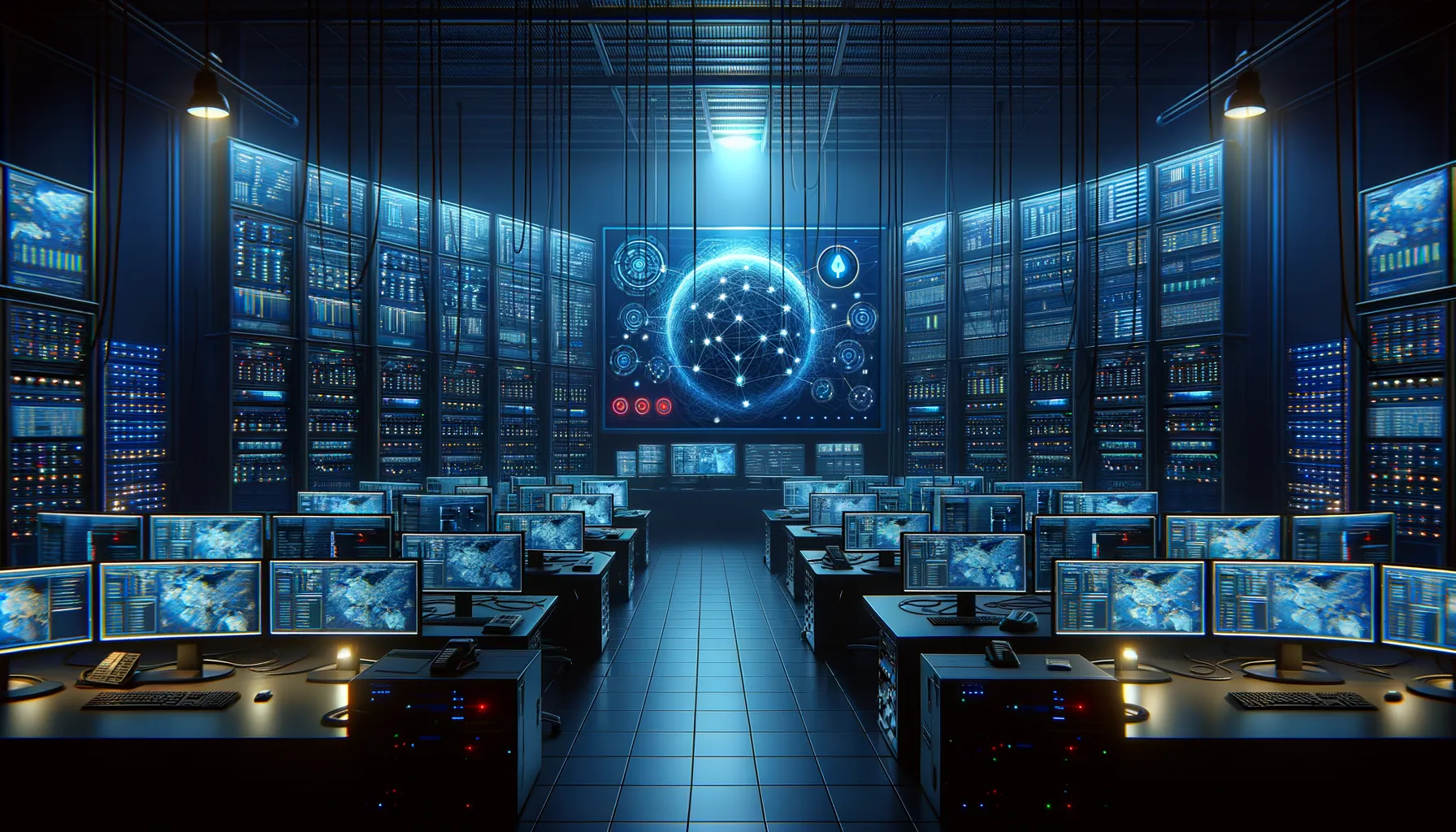 Network operations center with multiple monitors showing network topology and red warning alerts