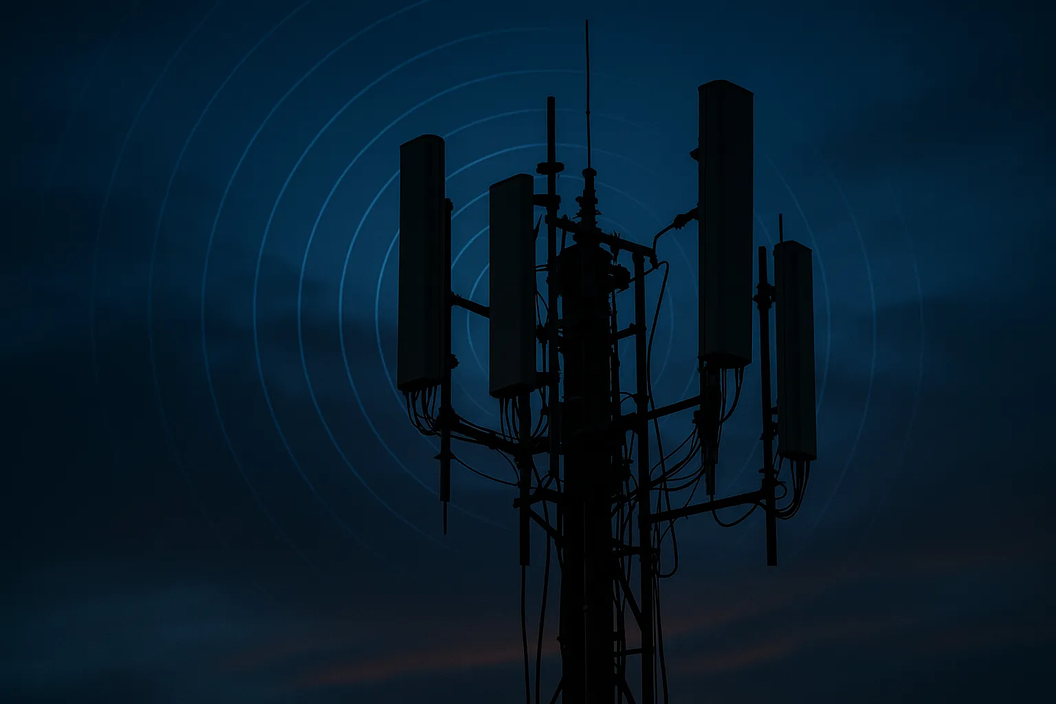 A cell phone tower at dusk with signal waves emanating from it, representing telecom infrastructure being exploited for surveillance