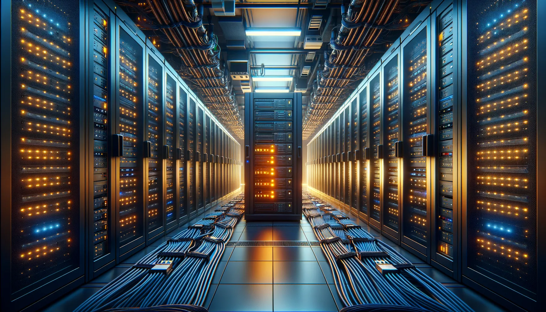 A server room with blinking lights and network cables, a single rack highlighted with an amber warning glow