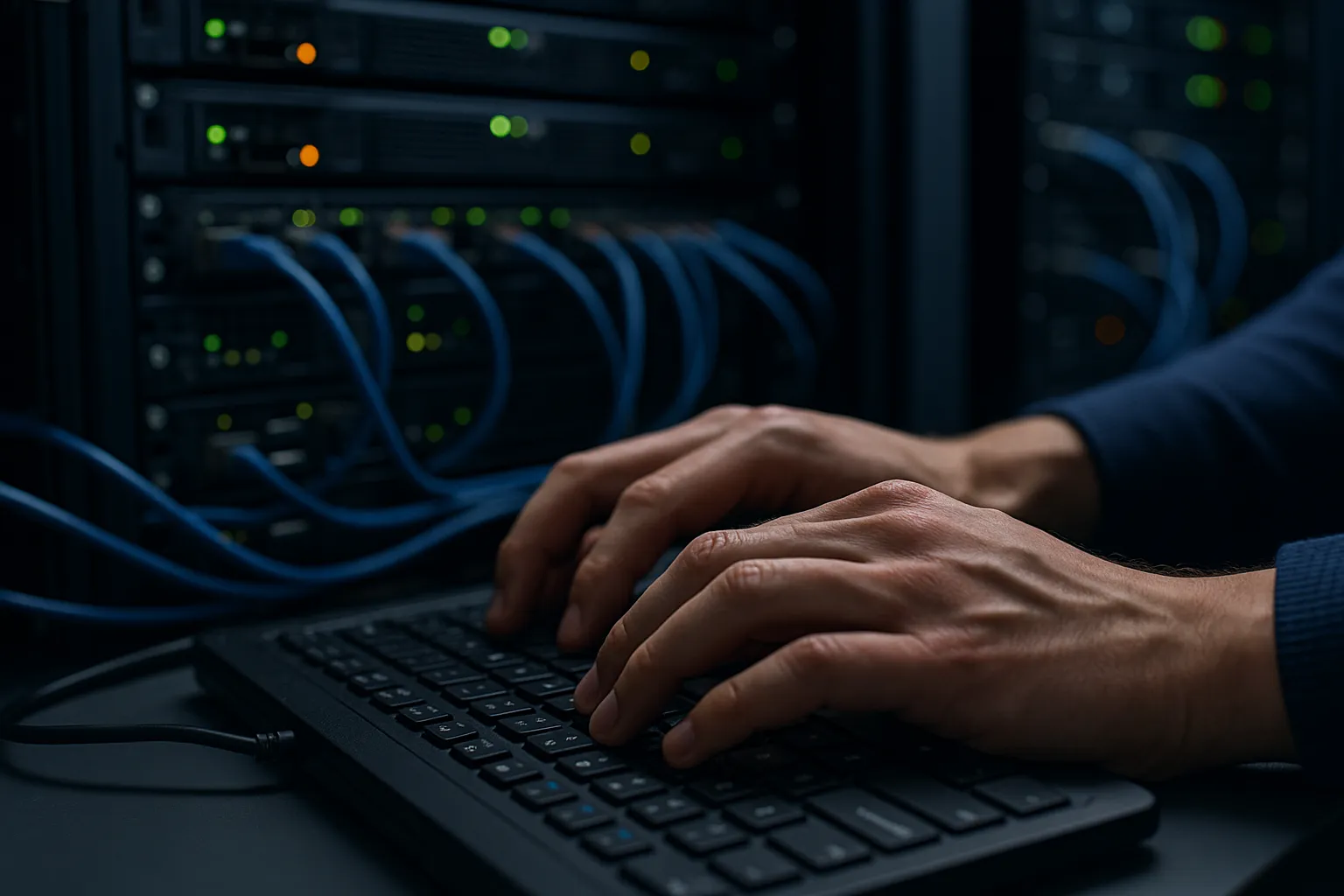 Close up of hands typing on a keyboard in front of a server rack with status lights, representing an urgent security patch