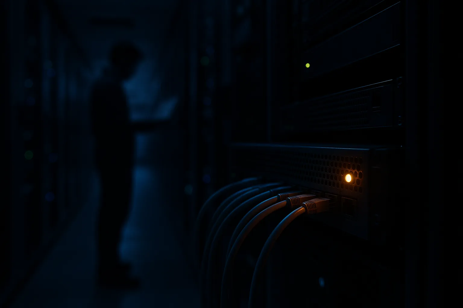 A dark data center aisle with a rack mounted network appliance showing a single amber warning light while a technician with a laptop stands out of focus in the background