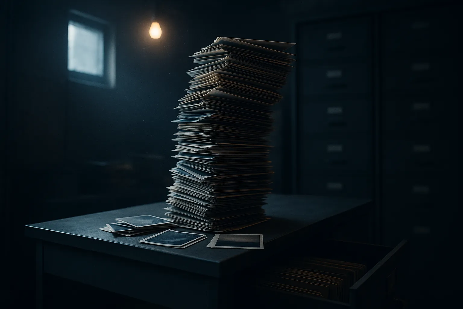 A leaning stack of unsorted printed photographs turned face down beside an open metal filing drawer in a dim records archive room