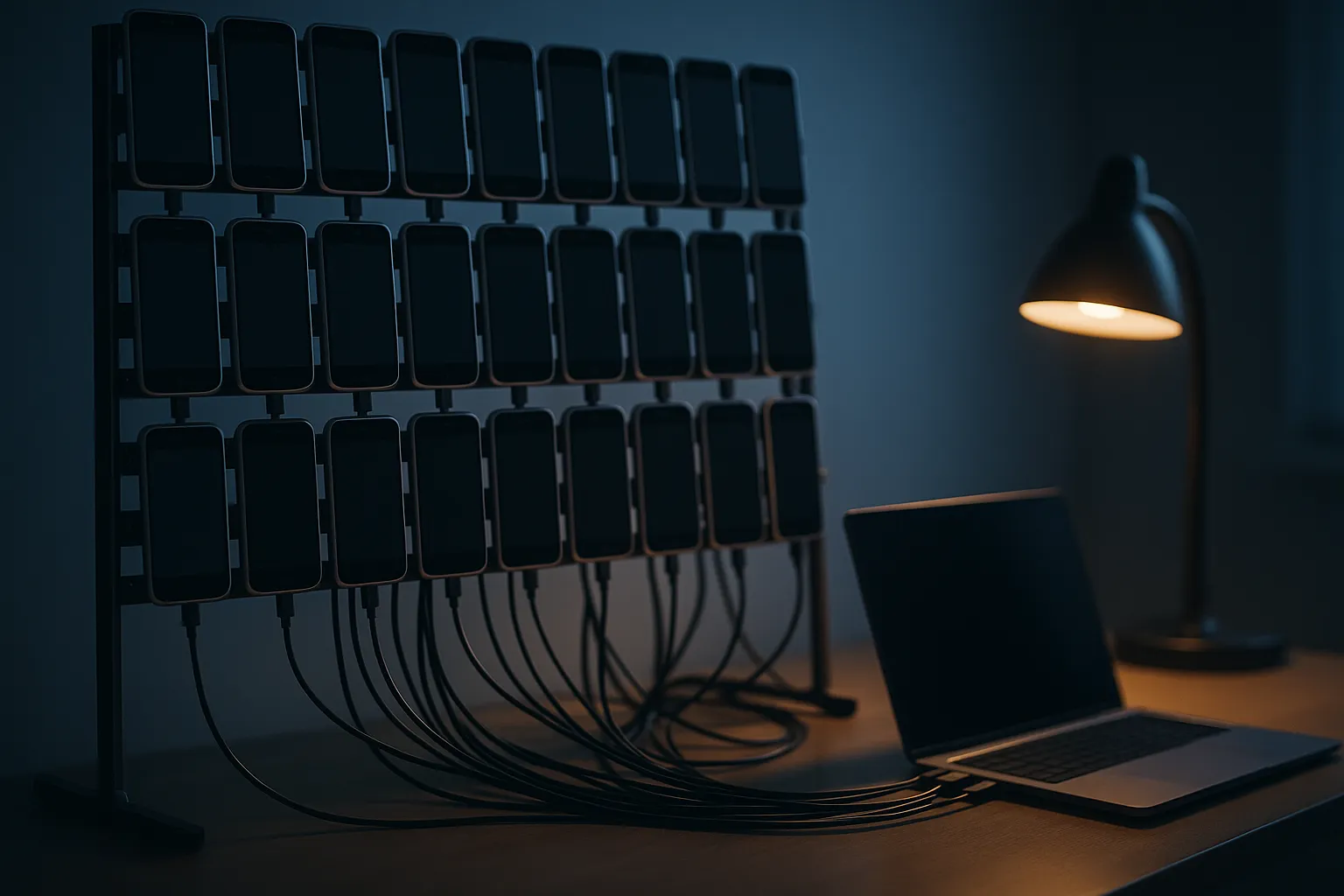 A developer workstation at night with an Android phone on the desk beside a laptop showing lines of decompiled code, representing mobile app secrets being extracted at scale