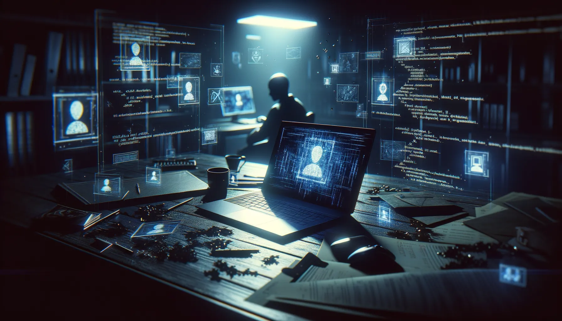 Laptop screen showing AI chat interface with shadowy figure at keyboard in dark room