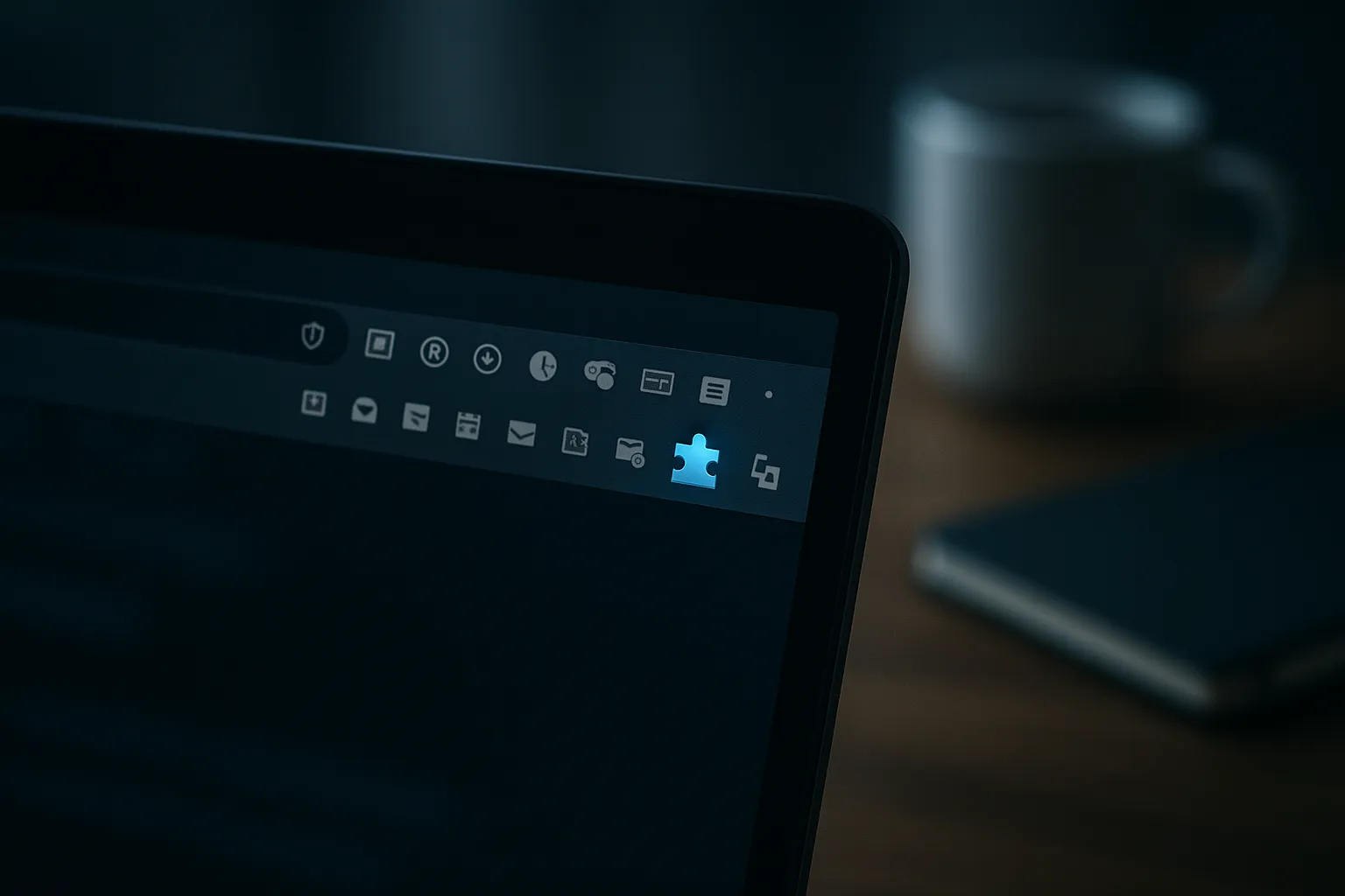 A laptop on a desk showing a browser toolbar crowded with small extension icons, one glowing ominously blue among neutral gray ones, representing a hidden rogue browser extension