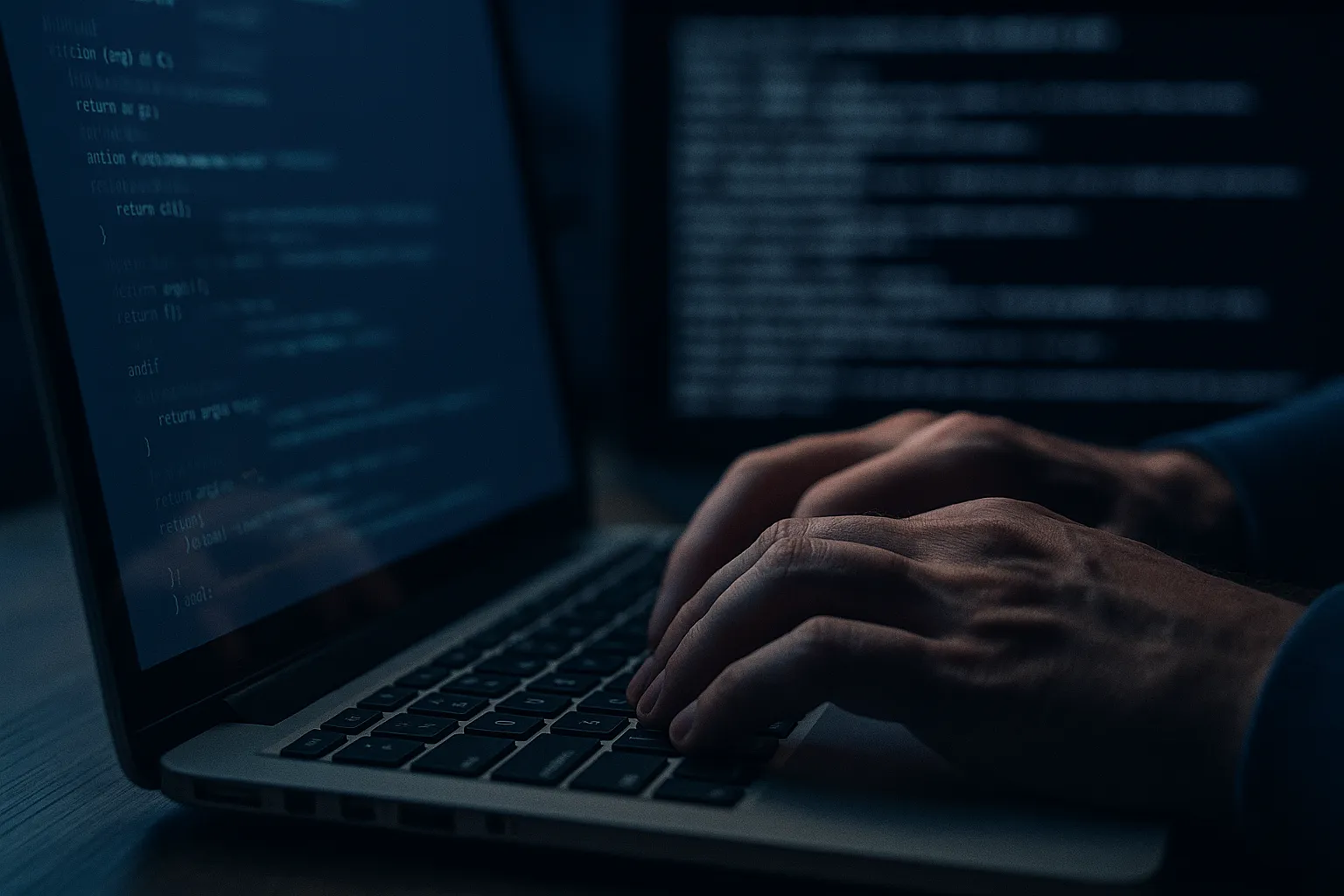 A close up photograph of a developer's hands typing on a laptop keyboard at night with lines of code faintly reflected on the screen, representing hidden tracking code inside a developer tool