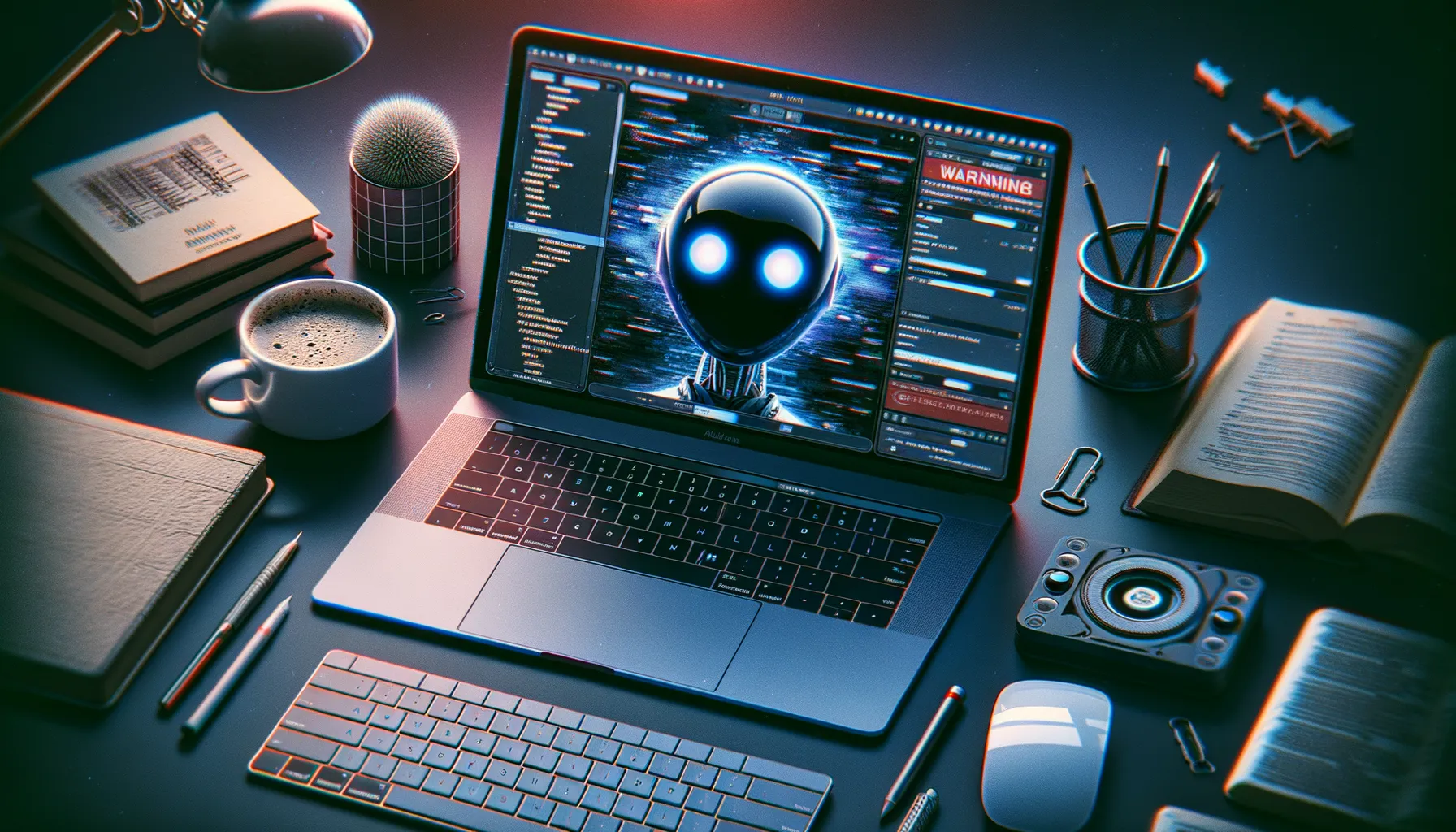 Developer workspace with a MacBook showing an AI assistant interface with subtle visual distortion, representing a supply chain attack hidden within legitimate-looking tools