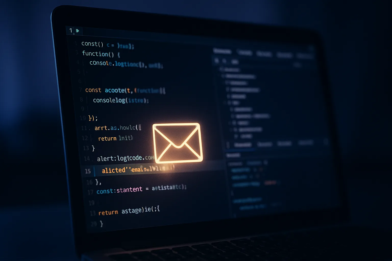 Close-up of a developer laptop screen at night showing JavaScript source code with browser developer tools open, an email envelope icon glowing softly above a highlighted line of code