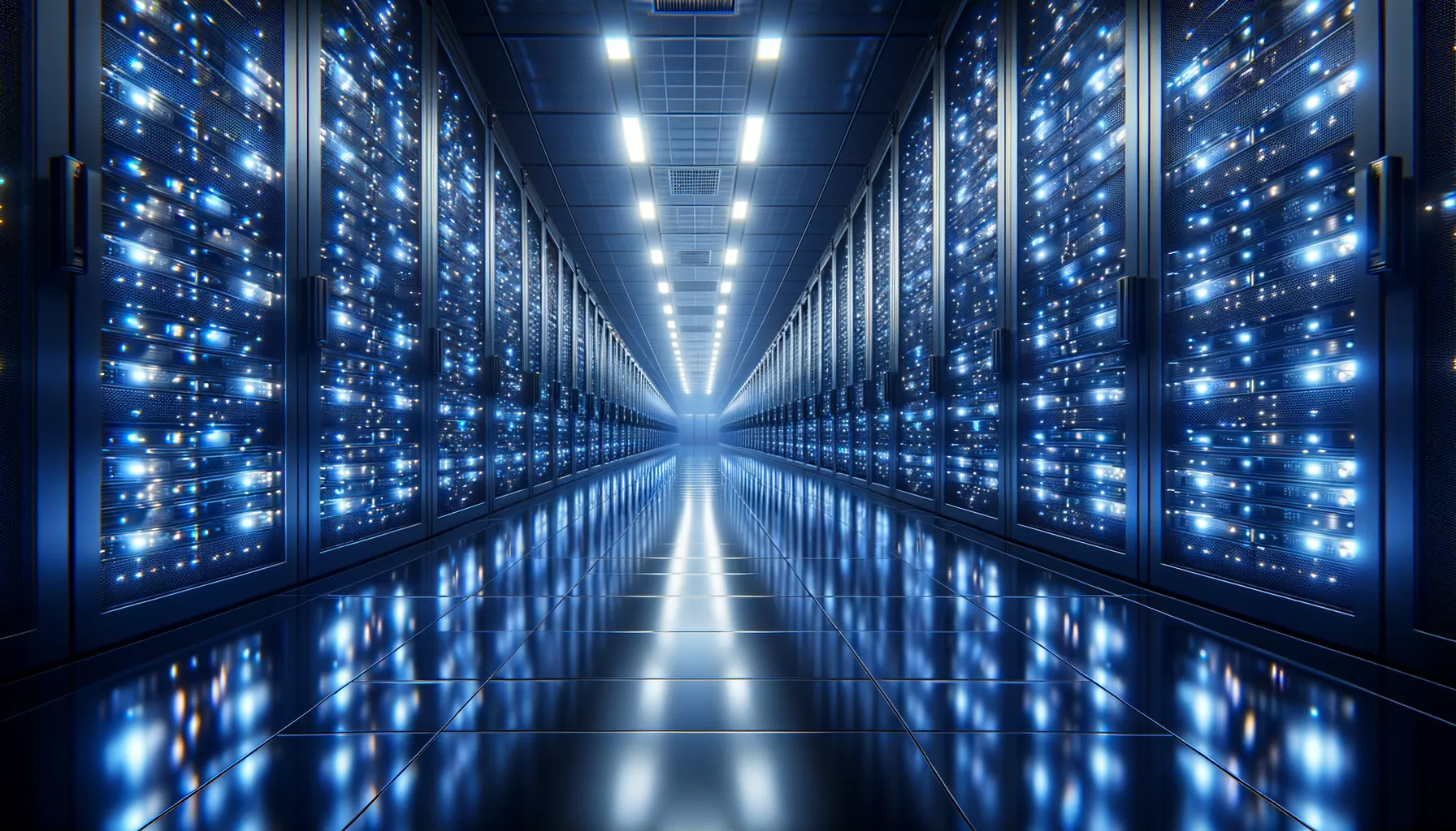A massive server room corridor with rows of blinking LED lights, photographed from a low angle with subtle blue and indigo tones