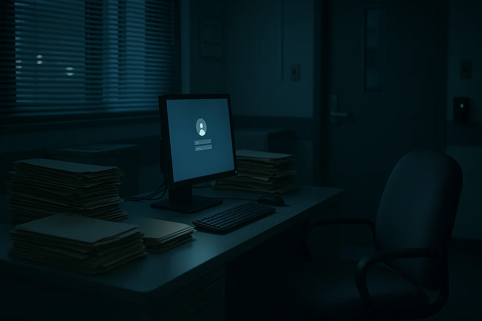 A dim hospital administrative office at night with an unattended workstation glowing on a desk beside stacked patient file folders and a badge reader by the closed door