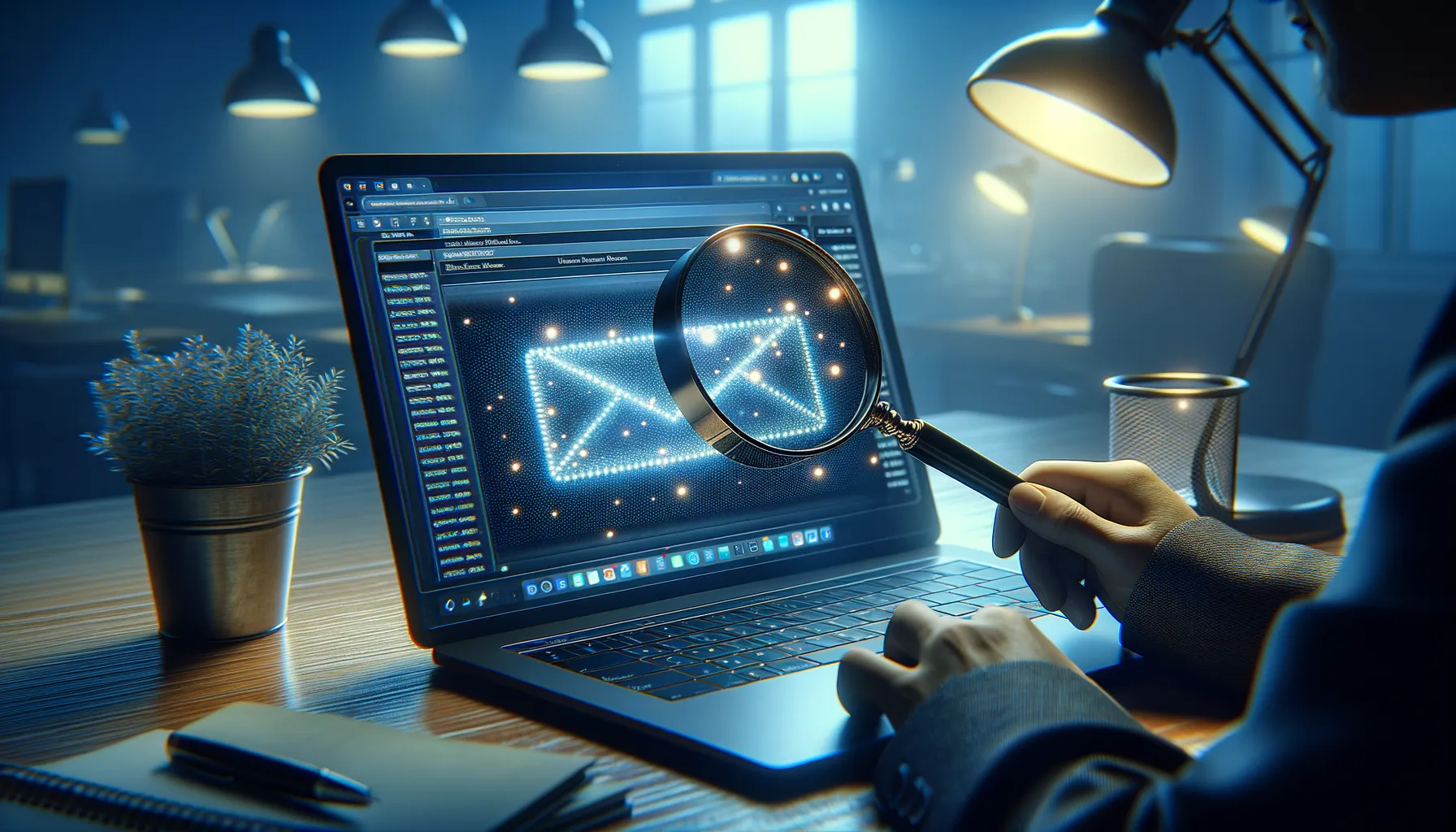 Email inbox with magnifying glass revealing hidden tracking pixels