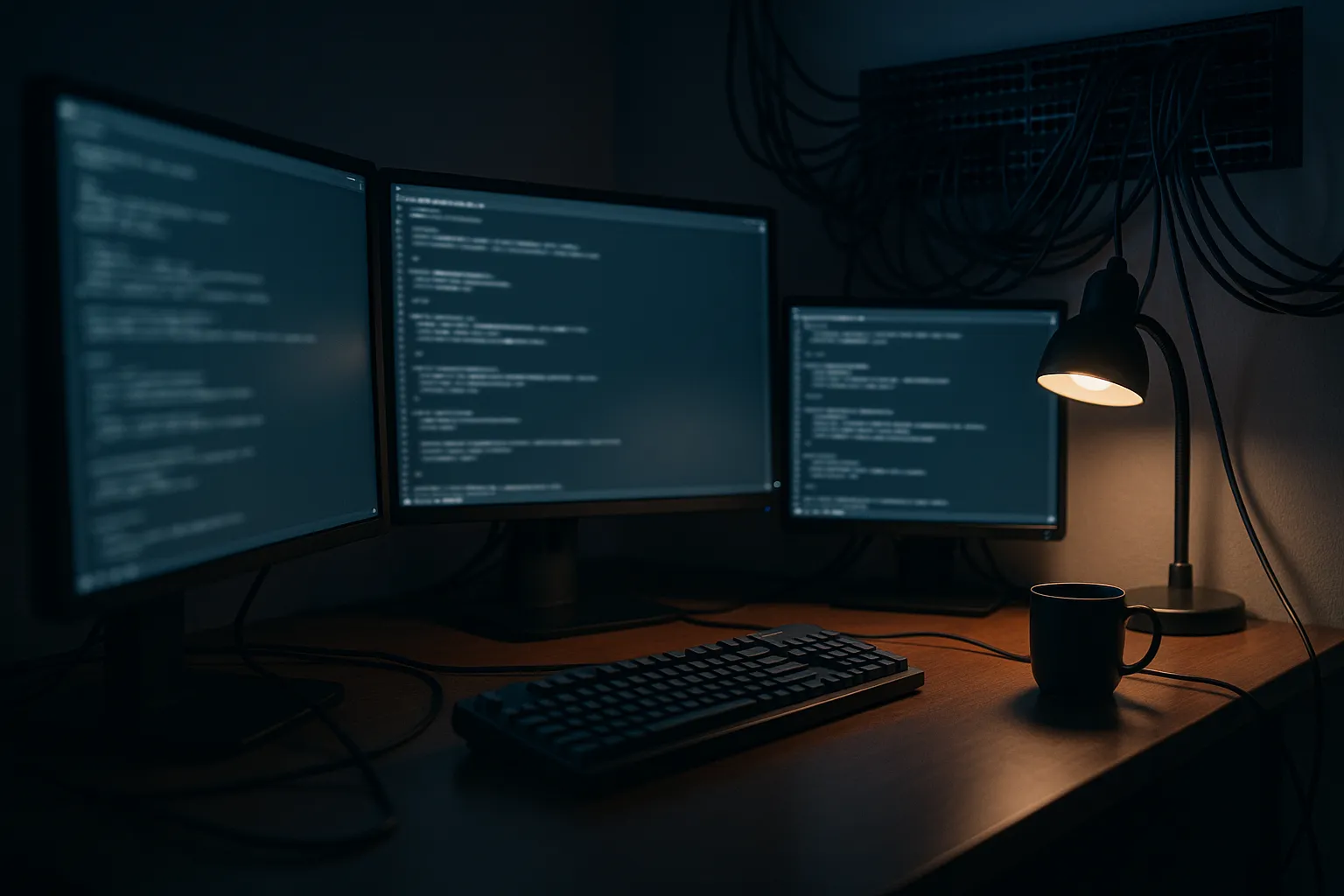 A darkened developer workstation at night with three monitors showing terminal windows, lit by a single desk lamp, with a dense network patch panel on the wall behind it and one ethernet cable hanging loose