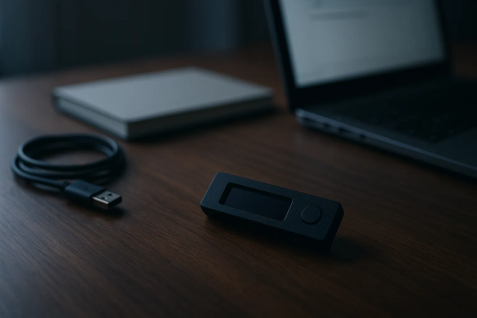 A small black hardware cryptocurrency wallet on a wooden desk beside a partly open laptop in soft natural light