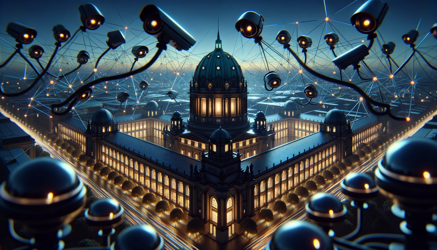 US Capitol building at dusk seen through a web of surveillance camera lenses and data connections