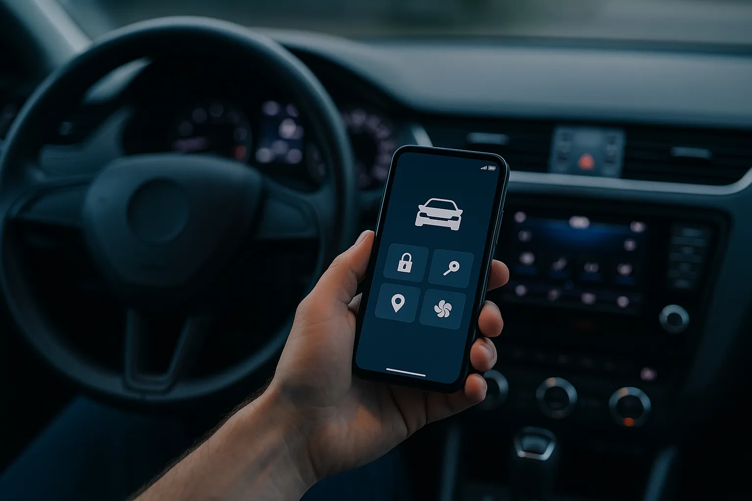 A driver's hand holding a smartphone with a car companion app open inside a parked car, with the dashboard softly lit in the background