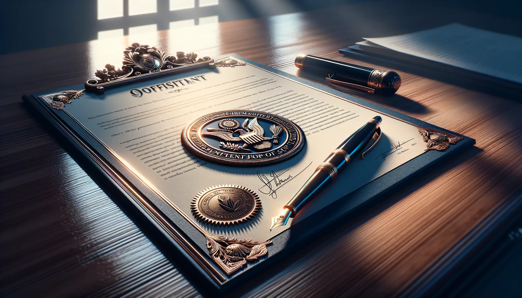 A government report document on a desk with a seal and pen in natural office lighting