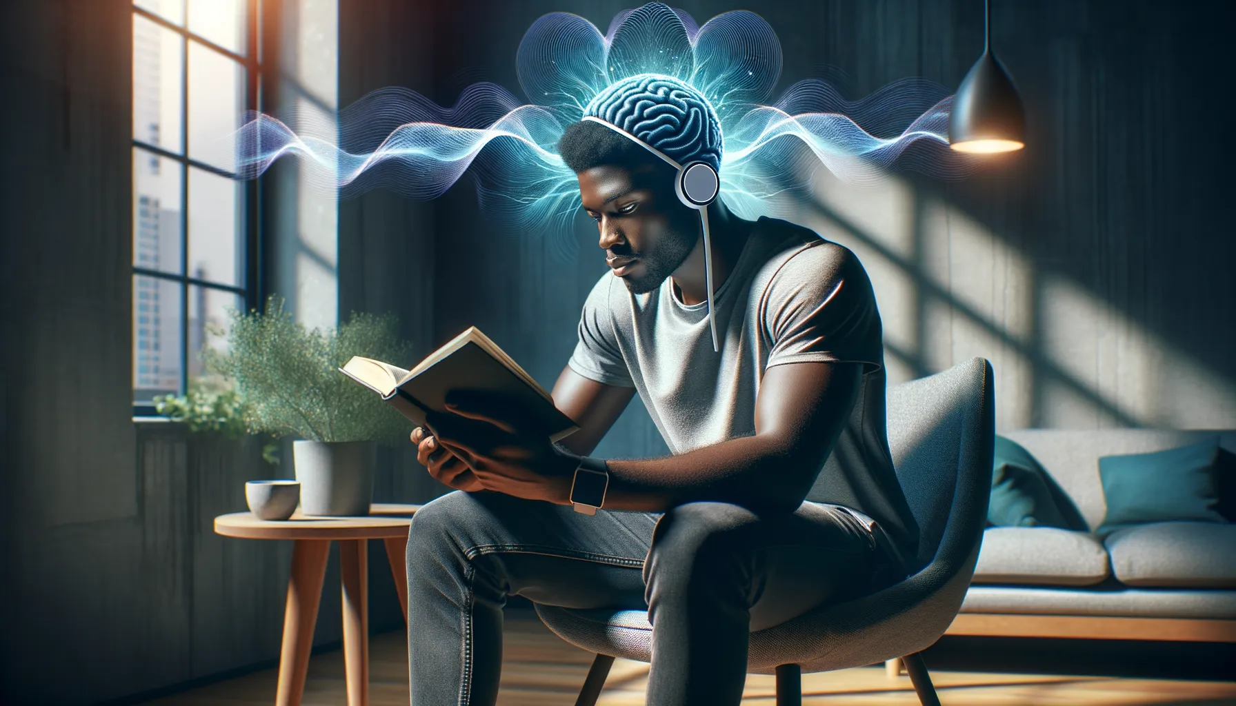 Person wearing a consumer EEG headband in a modern living room with subtle brain wave visualization